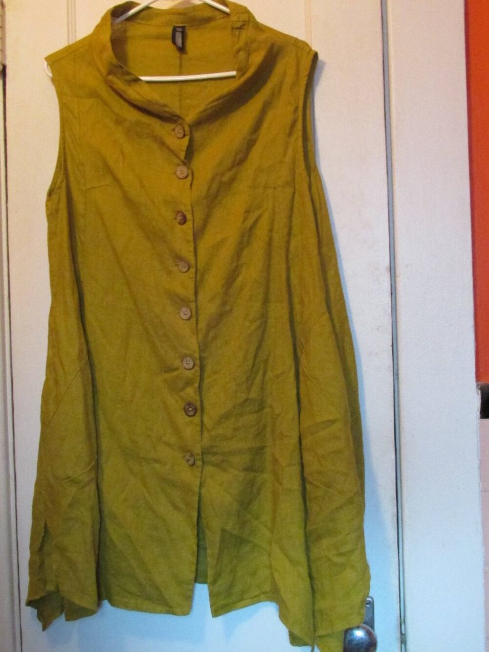 Inizio Italian Linen Sleeveless Button Shirt Dress Lime Green Pockets